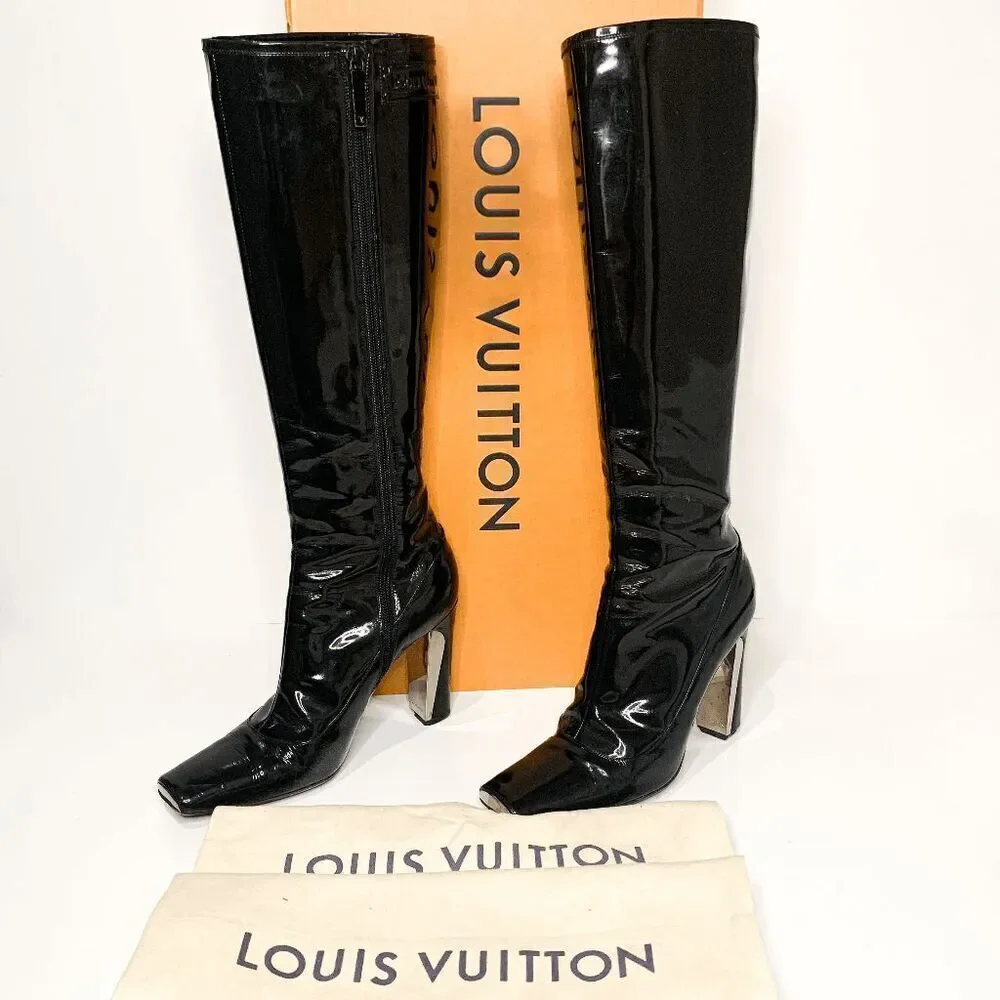 Louis Vuitton Black Patent Leather Knee High Heeled Boots EU 36.5 Square Toe